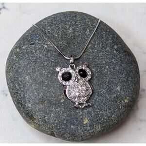 Large Owl Necklace White Gold Plated Pendant with Crystals